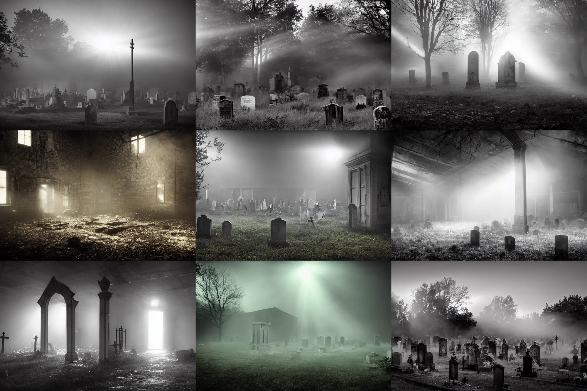Prompt: a graveyard inside an abandoned warehouse, broken windows, light rays, volumetric fog, creepy, at night