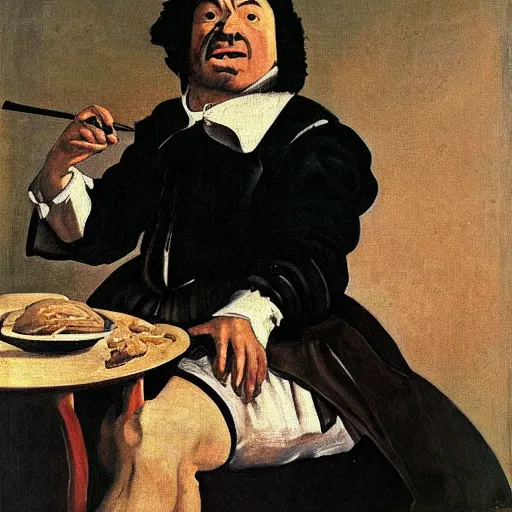 Image similar to a painting of a frustrated painter eating ice cream in diego velazquez style