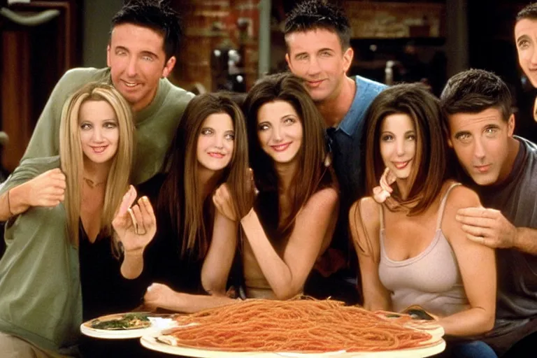 Image similar to the episode of Friends where everyone gets covered in spaghetti