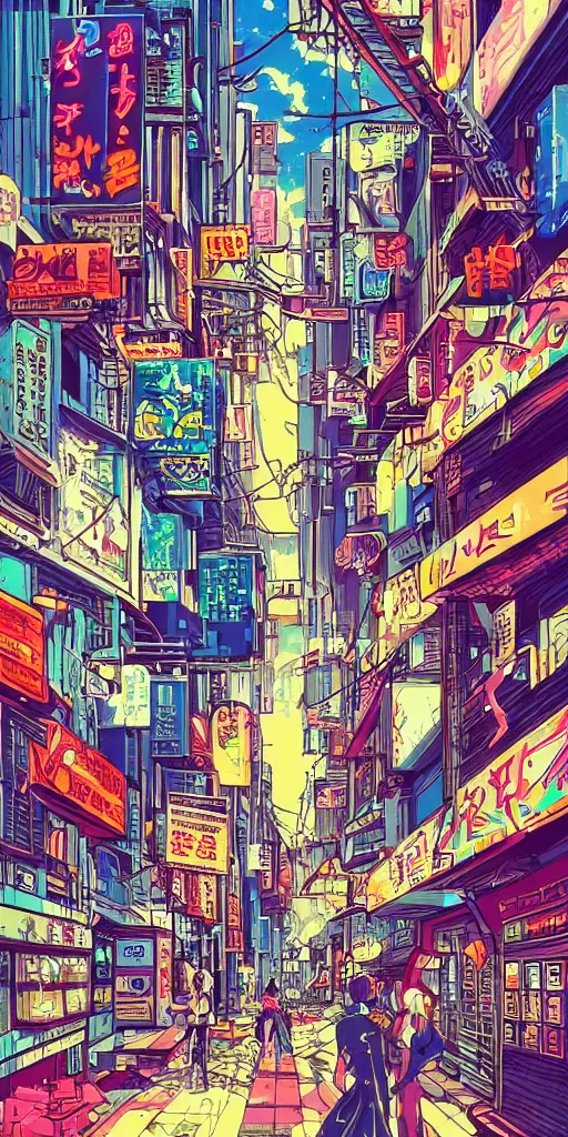 Prompt: an 80s anime busy alley scene, tall buildings, neon billboards, telephone wires, intricate details , trippy, dope