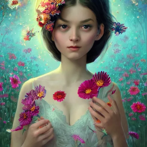 Image similar to an intelligent young women looking at the camera, she has a beautiful unconventional face, she is surrounded by an explosion of flowers, elegant, highly detailed, digital painting, artstation, concept art, pop, smooth, sharp focus, illustration, art by mark ryden and gaston bussiere 3 d 8 k ultra detailed