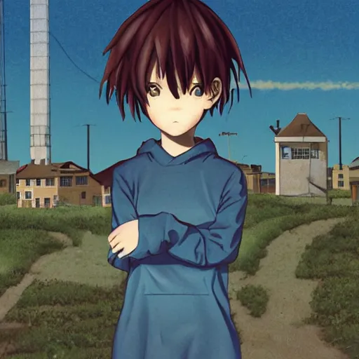 Prompt: a portrait of tomboy Lain from serial experiments: Lain Shinji with a town behind