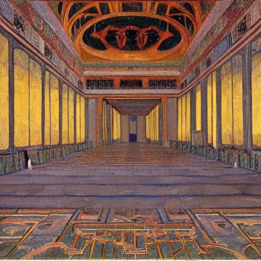 Image similar to a painting of a throne room , tiled floor a raytraced image by Mikalojus Konstantinas Čiurlionis, by Edward Okun, metaphysical painting, hall of mirrors, egyptian art, concept art