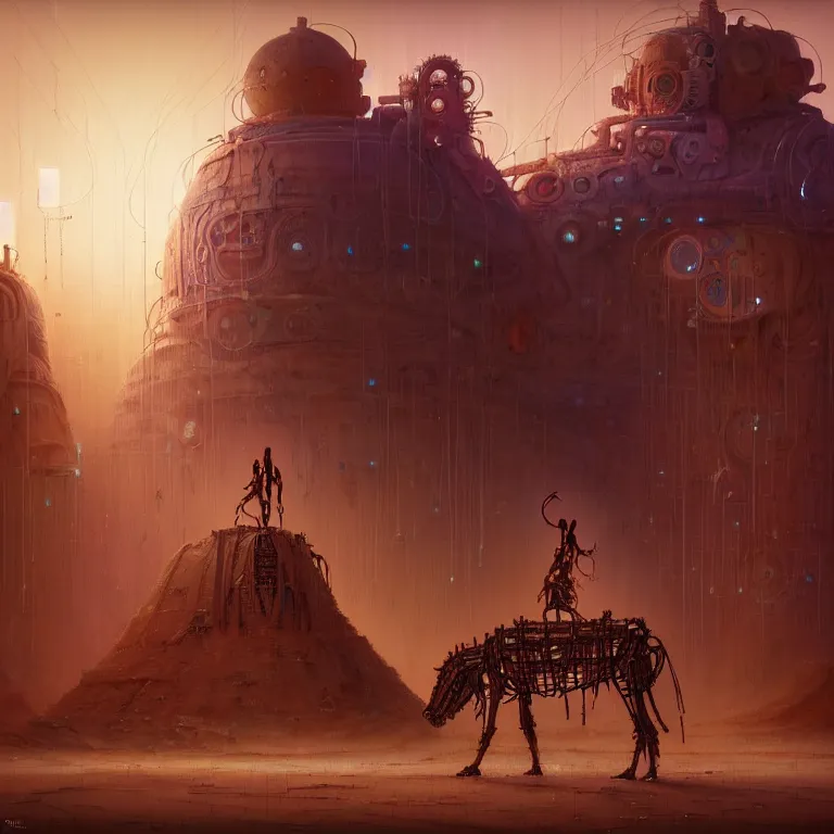 Image similar to A techno-magical male-shaman in shamanistic robes performs a ritual to resurrect a mechanical horse in a huge steel ancient ruins covered of dunes of sand. Art by Finnian MacManus, Simon Stalenhag. Masterpiece, fantasy art, cinematic, hyperdetailed, sigils, photorealistic, cyberpunk, postapocalyptic, steampunk, hyperrealism, octane render, 8k