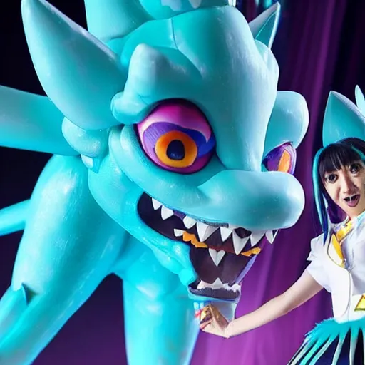 Image similar to toei productions kaiju miku hatsune as a giant monster. mikuzilla