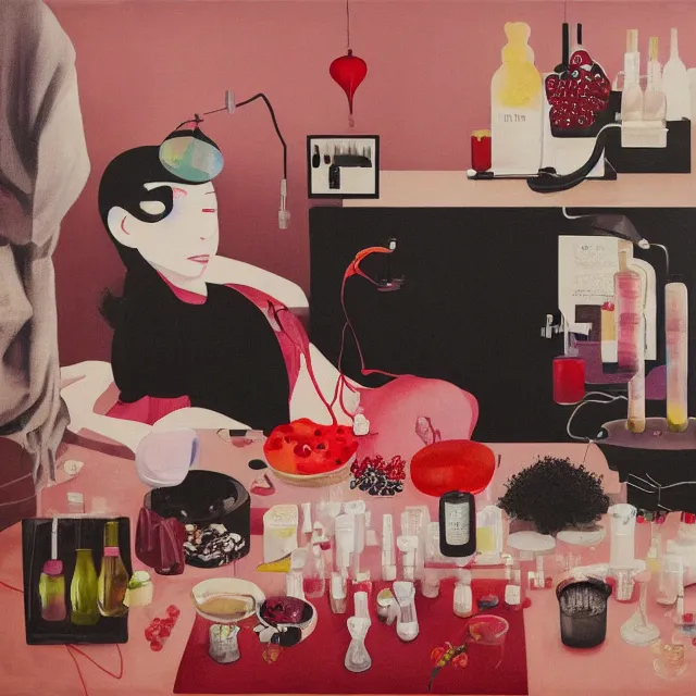 Prompt: bedroom with black walls and a futon, berry juice dripping, ikebana, a sensual portrait of a female pathologist holding a brain, intravenous drip, pomegranate, candles, octopus, sensual, pancakes, berries, surgical supplies, scientific glassware, candles, neo - expressionism, surrealism, acrylic and spray paint and oilstick on canvas