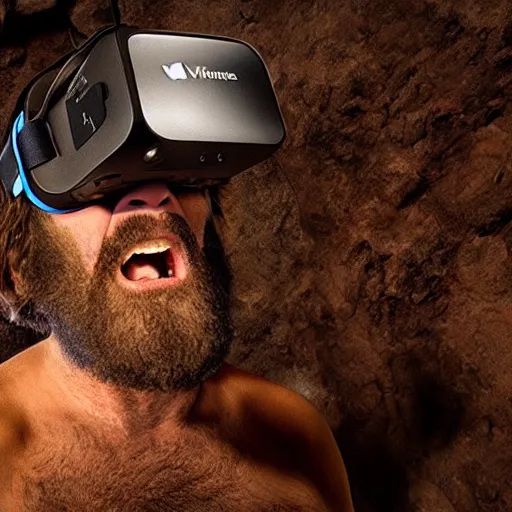 Image similar to a caveman with a vr virtual reality headset in a cave