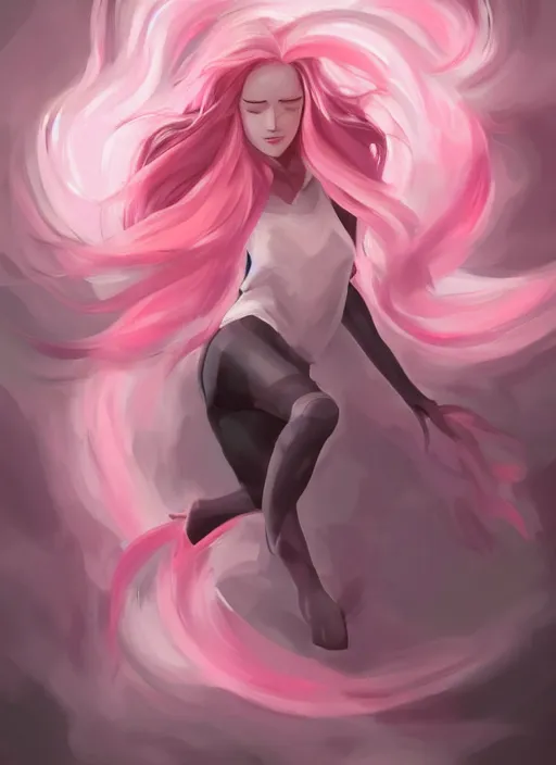 Prompt: digital painting, full body portrait, dynamic poses, anime face, glowing woman, pink and grey clouds, flowing hair, by lois van baarle, by loish, trending on artstatio