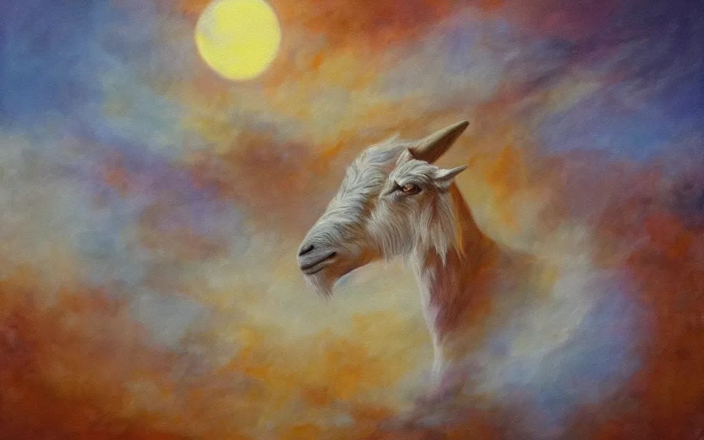 Prompt: satanic goat golden fur in silver desert at night (ethereal) (iridescent), award winning oil painting, lunar color palette