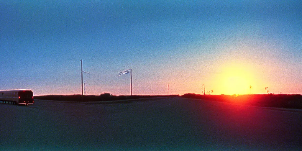 Image similar to an infinitely long greyhound bus never ending, sunset, eerie vibe, leica, 2 4 mm lens, cinematic screenshot from the 2 0 0 1 surrealist film directed by charlie kaufman, kodak color film stock, f / 2 2, 2 4 mm wide angle anamorphic