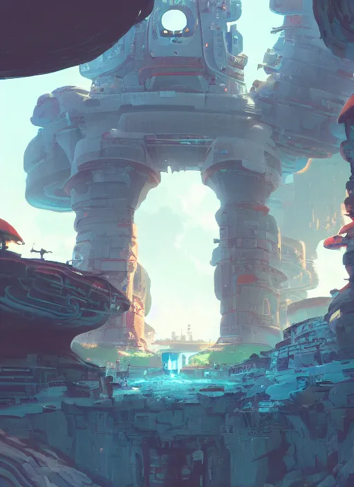 Prompt: canyon with giant gate entrance, nuclear powered, detailed, futuristic, cory loftis, james gilleard, atey ghailan, makoto shinkai, goro fujita, studio ghibli, rim light, exquisite lighting, clear focus, very coherent, plain background