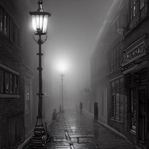 Image similar to victorian city street, dark, misty, at night, 8 k, detailed, concept art, trending on artstation