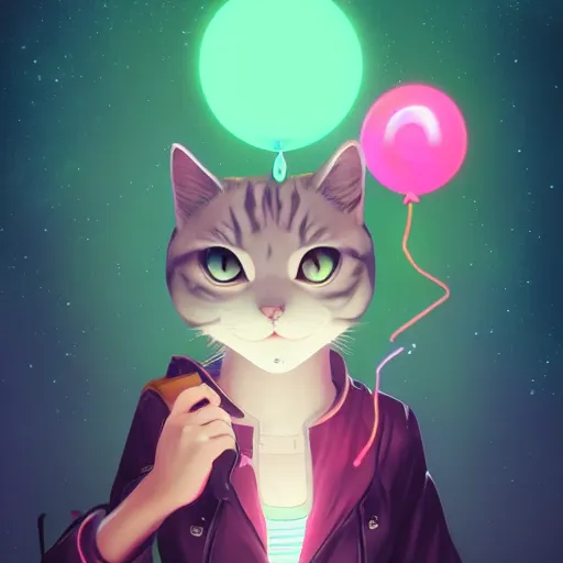 Prompt: cat with a neon balloon in space | hyperrealistic digital painting by makoto shinkai, ilya kuvshinov, lois van baarle, rossdraws | afrofuturism in the style of hearthstone and overwatch, trending on artstation