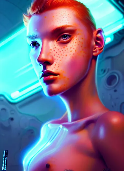 Prompt: an extremely beautiful ginger female humanoid with freckled cheeks, cyber neon lighting, by loish, d & d, fantasy, futurism, cyberpunk fashion clothes, elegant profile posing, perfect anatomy, hyper photorealistic, digital photography, artstation, pinterest, concept art, art by pascal blanche and greg rutkowski,