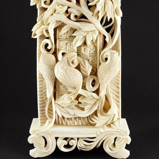 Image similar to a intricate ivory carving sculpture with birds and lemons and jungle leaves, ornate, complex, highly detailed, fine detail