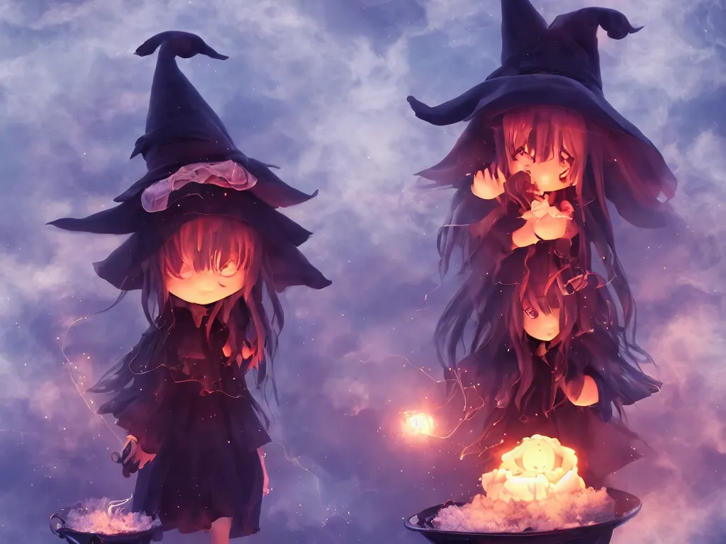 Prompt: cute fumo plush girl witch stirring a cauldron swirling with strange energy, ominous cauldron of glowing potion, eldritch gothic horror, smoke and volumetric fog, witch girl, soothsayer, lens flare glow, chibi anime, vray