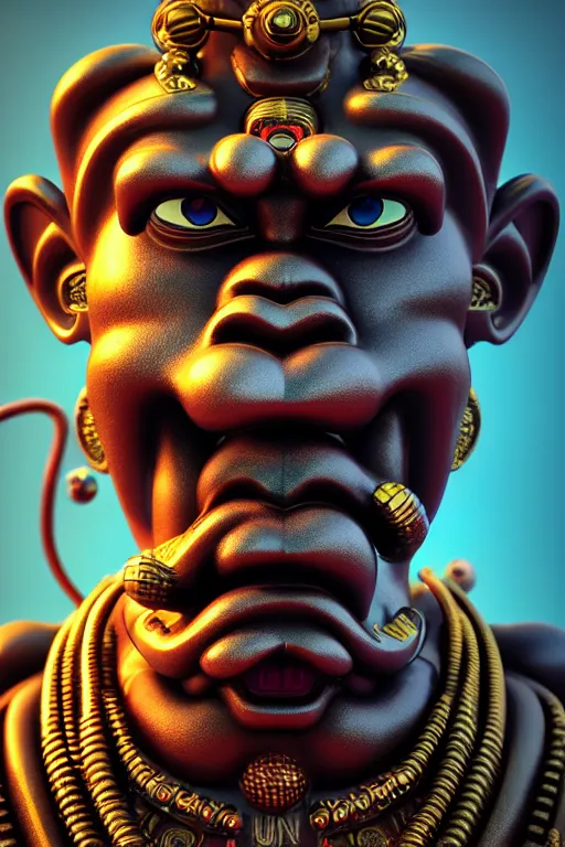 Image similar to high quality 3 d render post - rococo cyberpunk hanuman! head building, neon madhubani, open mouth, highly detailed, in sci - fi new delhi, cinematic smooth unreal engine, lee madgwick & liam wong, dramatic light, low angle, uhd 8 k, sharp focus