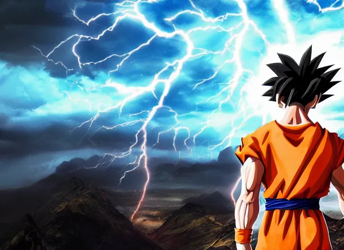 Prompt: real life goku going super saiyan, beautiful landscape, lightning storm, dramatic lightning, cinematic, establishing shot, extremly high detail, photorealistic, cinematic lighting, epic fight scene, post processed, concept art, artstation, matte painting, style by greg rutkowsky