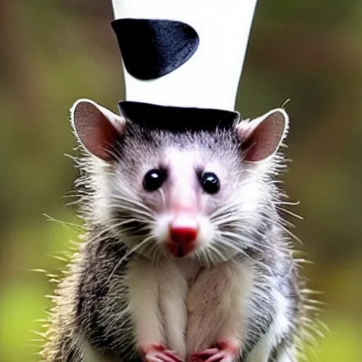 Image similar to candid photo of a cute opossum wearing a lil top hat