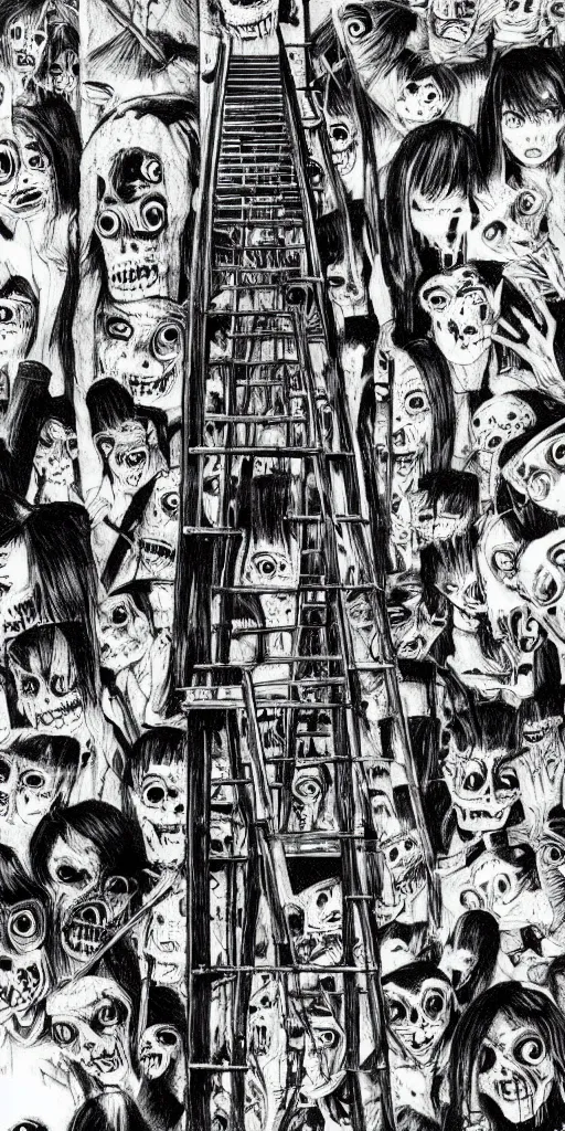 Prompt: A ladder from top to bottom, horror, creepy, dark, manga, pencil, inspired by junji ito, superior quality, masterpiece