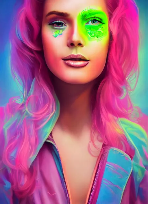 Image similar to gorgeous android portrait with neon face makeup, eightees look, smiling expression, cute nose, retro, beautiful lights, vintage look, hyper realistic, illustration, airbrush, 8 k, intricate, duo tone, art by david la chapelle and philip castle, artgerm