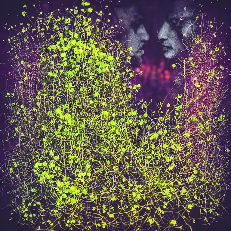 Image similar to double exposure of dally life, symbols of live, explosion, different sprouts and microgreens on mushrooms, cyber mushroom city, mushroom matrix, love is the most relevant theme, 8 k resolution, artistic mode, artistic, trending on instagram, long exposure, love art, serious, fantasy and dreams vibes, mushrooms style and macro style, spring vibes in twilight or sunset lights