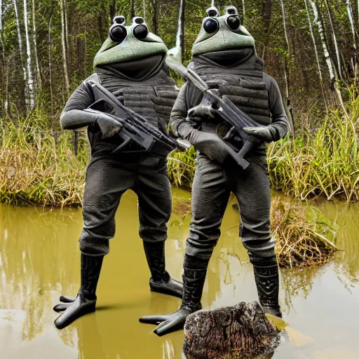 Prompt: professional photograph of an anthropomorphic frog wearing a kevlar vest and holding a black rifle in a swamp, 8 k, very intricate, very detailed, serious,