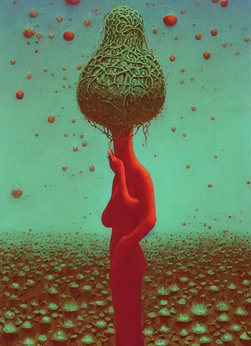 Image similar to She Eats of the Strangling Fruit and Her spiderlike gossamer glistening polyp blossoms bring iridescent fungal flowers whose spores black the foolish stars Edward Hopper and James Gilleard, Zdzislaw Beksinski, Mark Ryden, Wolfgang Lettl highly detailed