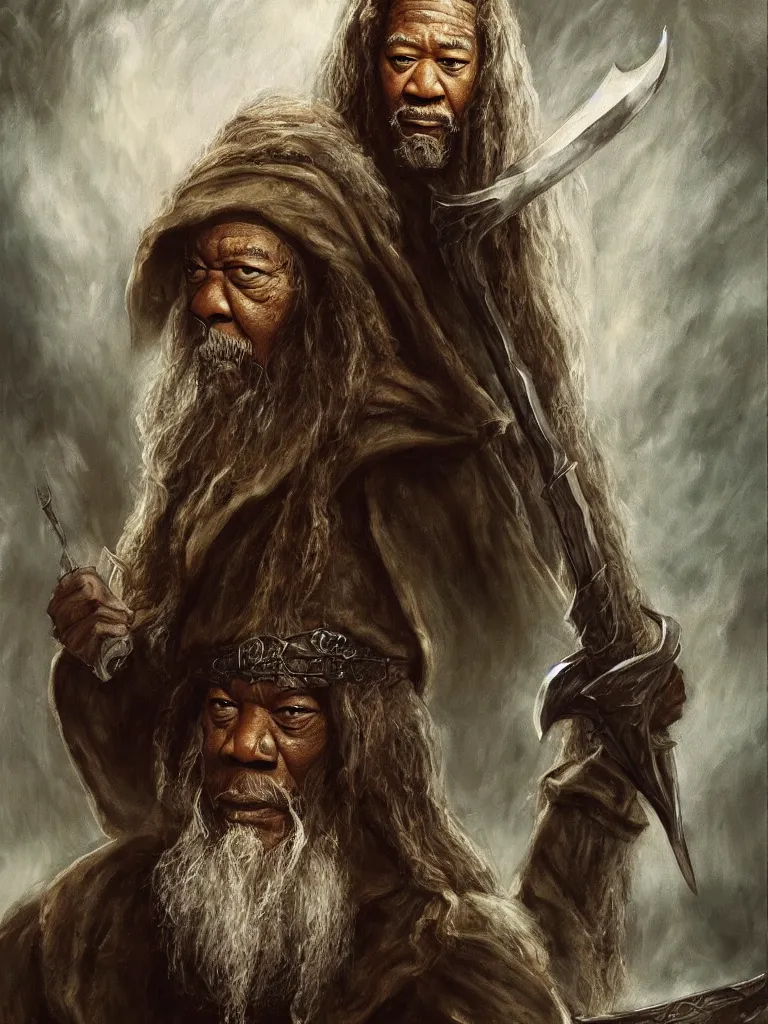 Prompt: morgan freeman starring as gimli in lord of the rings, full body, epic dark fantasy horror stylized oil painting by ivan shiskin. trending on artstation