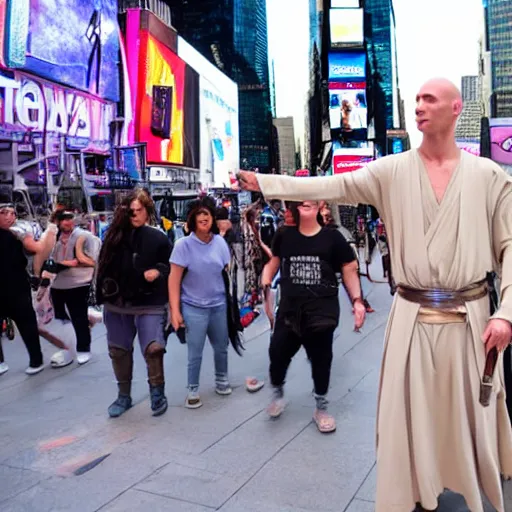 Image similar to a jedi in a battle with voldemort among the people in times square