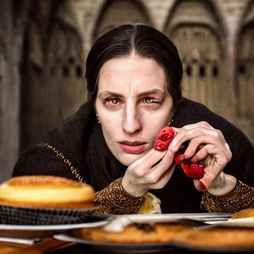 Image similar to closeup portrait of a medieval us senator eating cakes in the cloisters, depth of field, zeiss lens, detailed, symmetrical, centered, fashion photoshoot, by annie leibovitz and steve mccurry, david lazar, jimmy nelsson, breathtaking, 8 k resolution, extremely detailed, beautiful, establishing shot, artistic, hyperrealistic, beautiful face, octane render