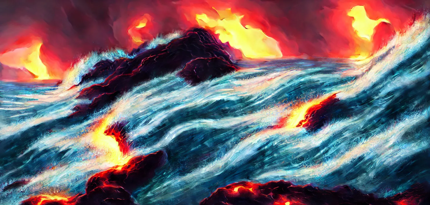 Prompt: sabstract image of sea waves and lava waves splashing, high detail, warm lighting, volumetric, godrays, vivid, beautiful, trending on artstation, by jordan grimmer, huge scene, grass, art greg rutkowski