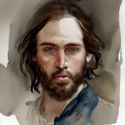 Prompt: Portrait of a handsome man with mutton chops, pale white face, long hair, un down, baggy eyes, tired face watercolor, brushstrokes, high detail, artstation