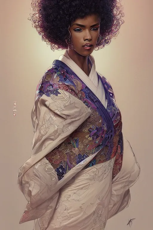 Image similar to ultra realistic illustration, woman with an afro wearing a kimono, sci - fi, fantasy, intricate, elegant, highly detailed, digital painting, artstation, concept art, smooth, sharp focus, illustration, art by artgerm and greg rutkowski and alphonse mucha