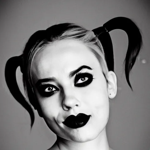 Prompt: Harley Quinn, realistic, portrait, black and white photography, 1960