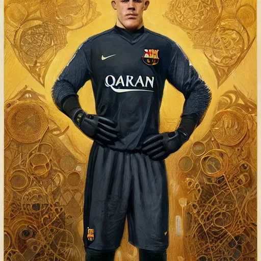 Image similar to Ter Stegen holding a bomb in his gloves, Barcelona and Germany goalkeeper, D&D, fantasy, intricate, elegant, highly detailed, digital painting, artstation, concept art, matte, sharp focus, illustration, art by Artgerm and Greg Rutkowski and Alphonse Mucha