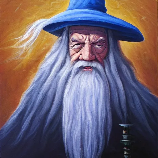 Prompt: oil painting of Gandalf wearing wizard hat, stacking supermarket shelves, depressing, sadW 704