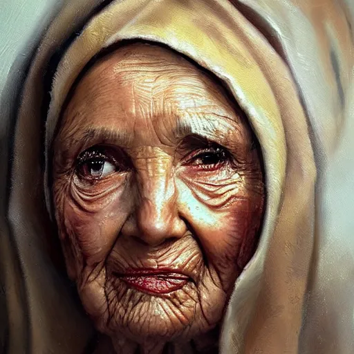 Image similar to medical heating eye bag, old woman, in the glamour style, oil painting, high definition, airbrush,