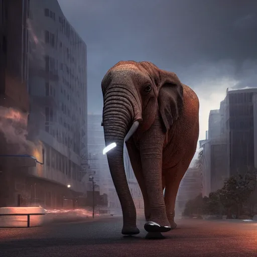 Prompt: apocalyptic, a terminator elephant walking on the future street. smoke. volumetric lighting, sharp focus, ultra detailed, cgsociety - w 1 0 2 4 - n 8 - i