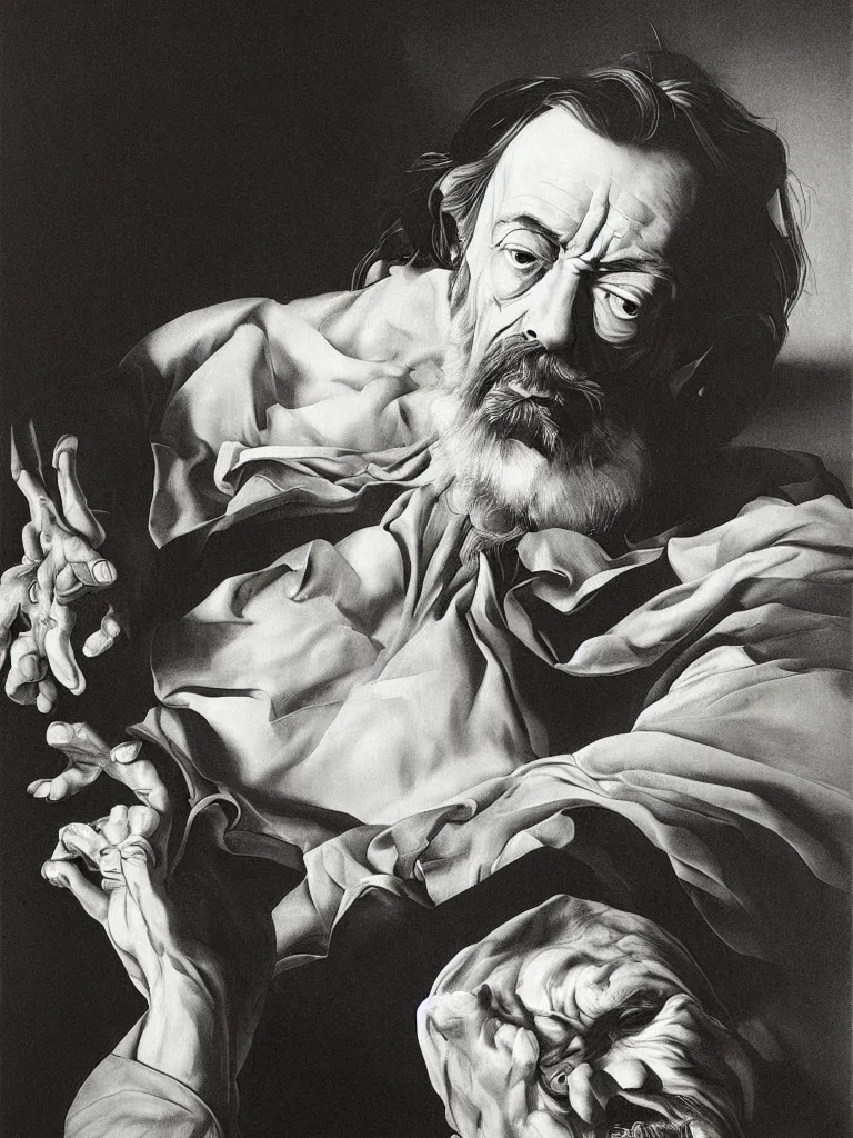 Image similar to hyperrealistic still life painting of a alan watts, by Caravaggio, botanical print, surrealism