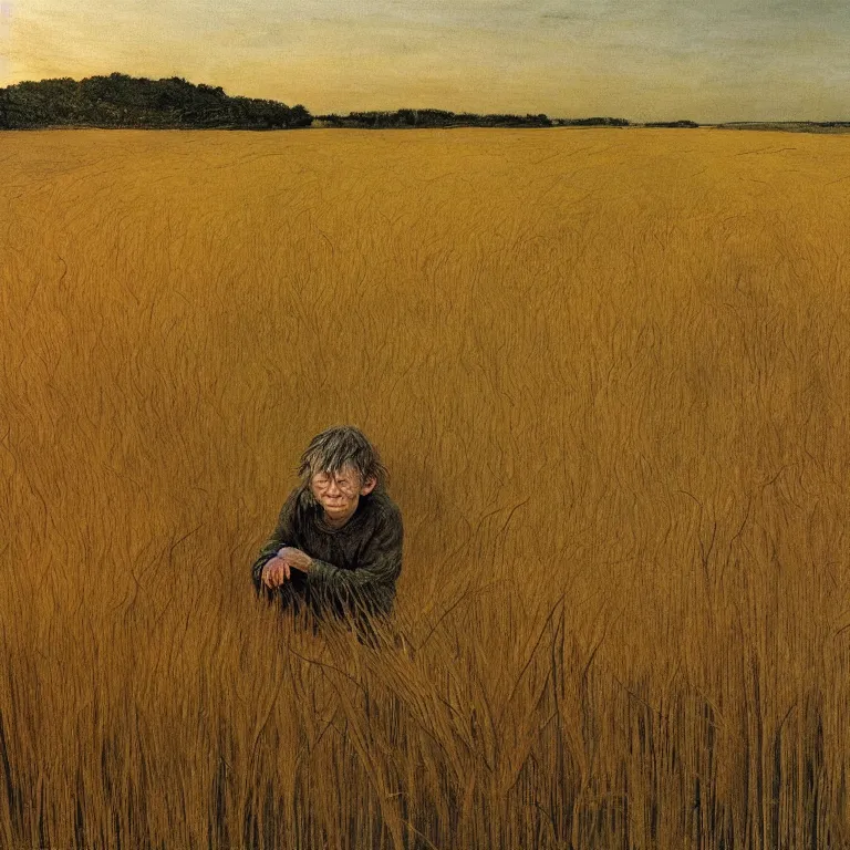 Prompt: An Andrew Wyeth painting of Gollum in a field of wheat at sunset