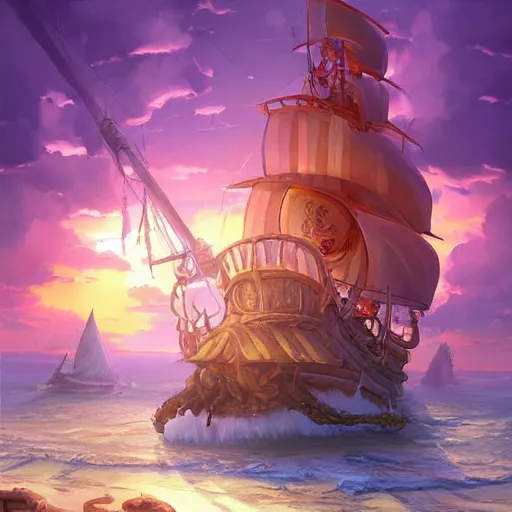 Prompt: sunny's pirate ship from one piece, cgsociety, fantasy art, 2 d game art, concept art, heavenly lighting, retrowave, behance hd, concept art by jesper ejsing, by rhads, makoto shinkai cyril rolando, madgwick