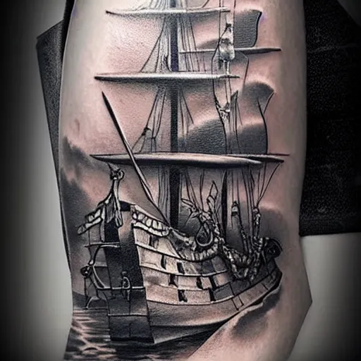 Image similar to realism tattoo design of a pirate ship, by Matteo Pasqualin tattoo artist