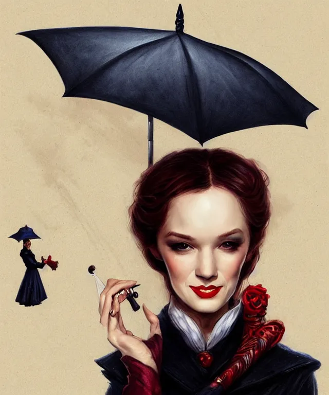Image similar to demonic evil mary poppins with her umbrella by charlie bowater and artgerm, full body portrait, intricate, face, cavern, elegant, beautiful, highly detailed, dramatic lighting, sharp focus, trending on artstation, artstationhd, artstationhq, unreal engine, 4 k, 8 k