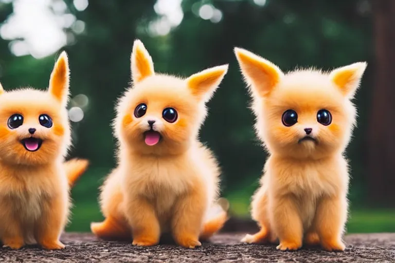 Image similar to real life pokemons, cute!!!, content!!!, mischievous!!!, adorable!!!, little furballs, fluffy!!!, ultra realistic!!!, golden hour, sharp focus