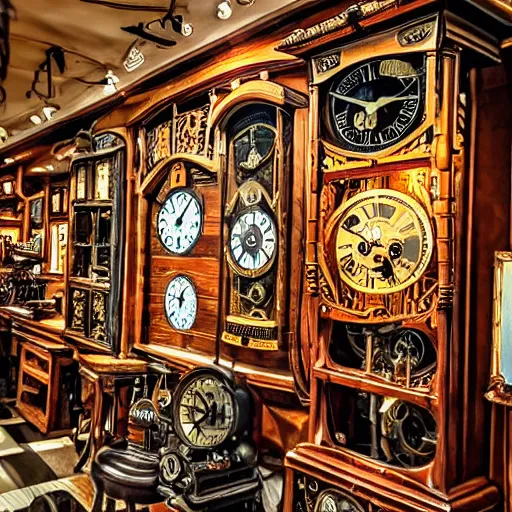 Image similar to interior of a small steampunk clock shop, father time, nautical wooden grandfather clocks everywhere, realistic, very intricate hyper detailed masterpiece
