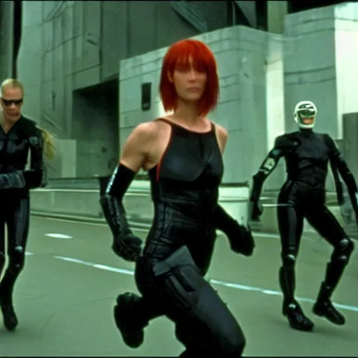 Image similar to The matrix, LeeLoo, Robocop, Sprinters in a race, The Olympics footage, cinematic stillframe, french new wave, The fifth element, vintage robotics, formula 1