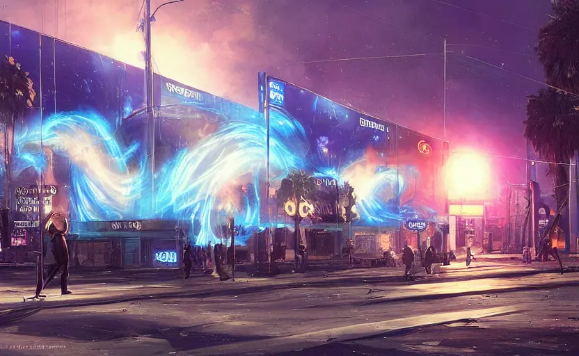 Image similar to people with posters attacking cops, a huge blue spiral - shaped white luminous attractor is floating on the horizon near the sun, stores in los angeles with light screens all over the street, concept art, art for the game, professional lighting, dark night lighting from streetlights, by ilya repin