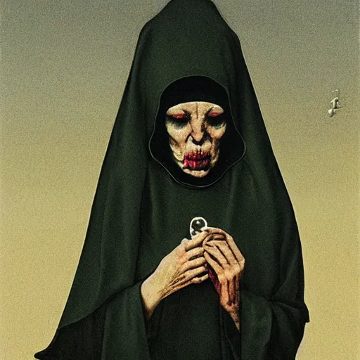 Image similar to a nun smoking a joint and puffing lots of smoke, her face is shadowed, minimalistic background, by Beksinski