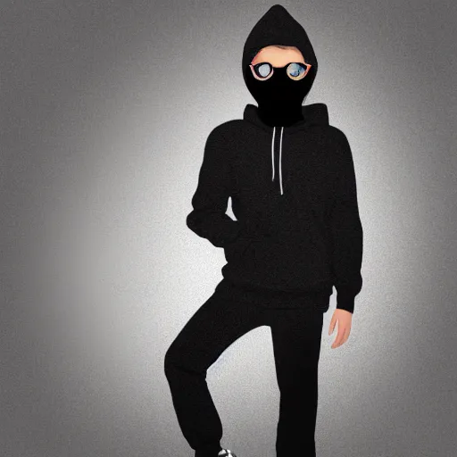 Prompt: a 1 5 year old in a black hoodie with the hood on his head wearing black pants and shoes and round sunglasses and a black mask, digital art illustration